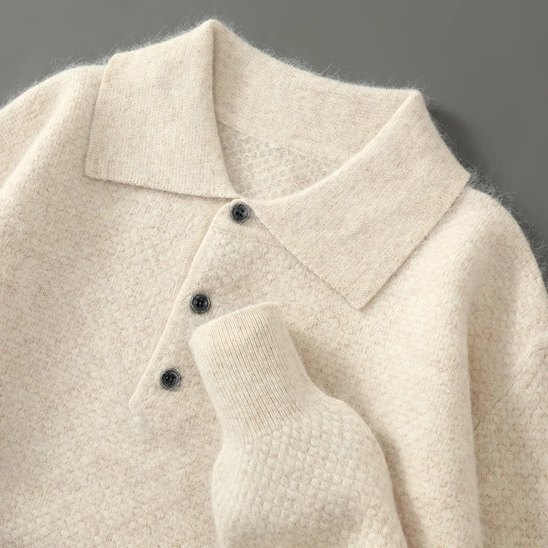 

POLO Collar 100% Pure Mink Cashmere Knitted Sweater Men's Lapel Loose Knot Needle Pullovers Business Casual Warm Tops Base Shirt