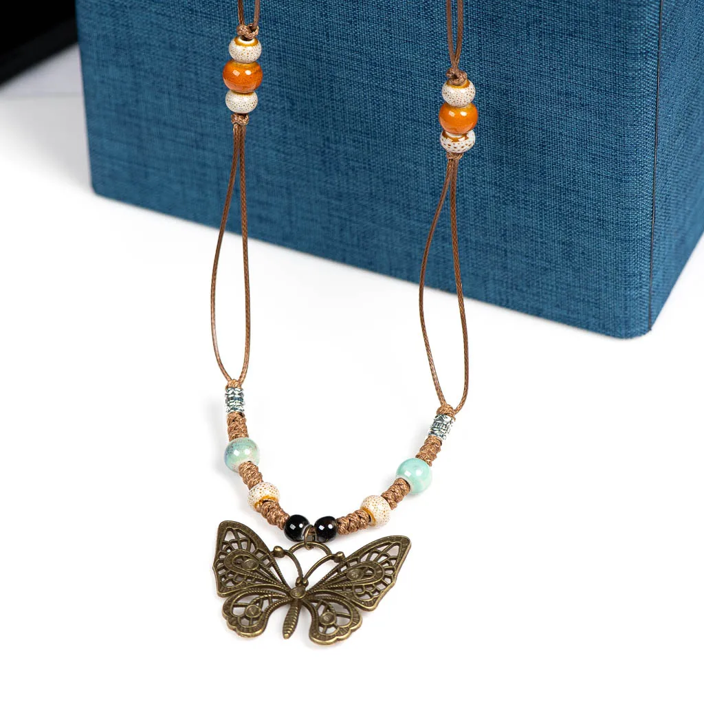 Vintage Bohemian Ethnic Style Handmade Braided Butterfly Necklace, Ceramic and Alloy Materials 2X839C