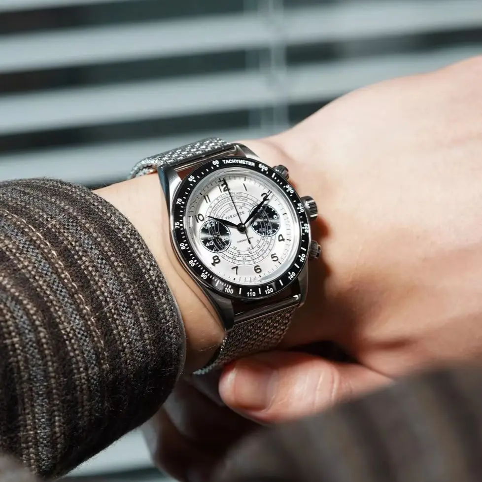 FARASUTE Men Chronograph Watch 38mm Panda Quartz Wristwatch Sapphire Mirror 3ATM Waterproof VK64 Speed Dial