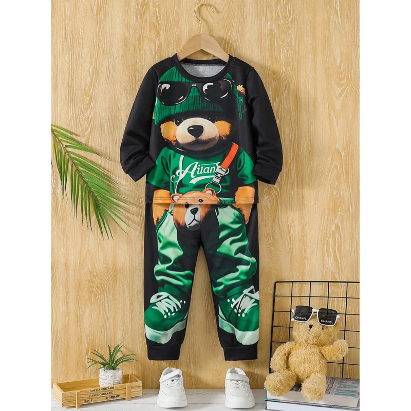 Conjunto de 2 piezas con estampado de oso de dibujos animados para niños, pantalones cortos para deportes al aire libre, playa, calle, moda urbana,