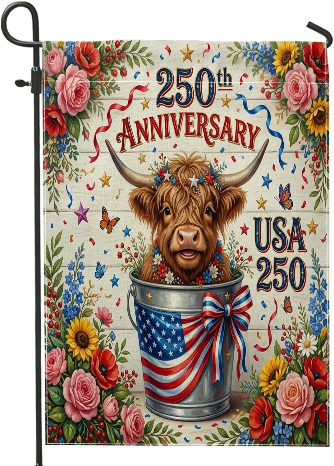 250 Years Highland Cows Garden Flags 12x18 Inch for Outside, 4th of July Wood Pattern Standard Linen House Flags, American F MMZ