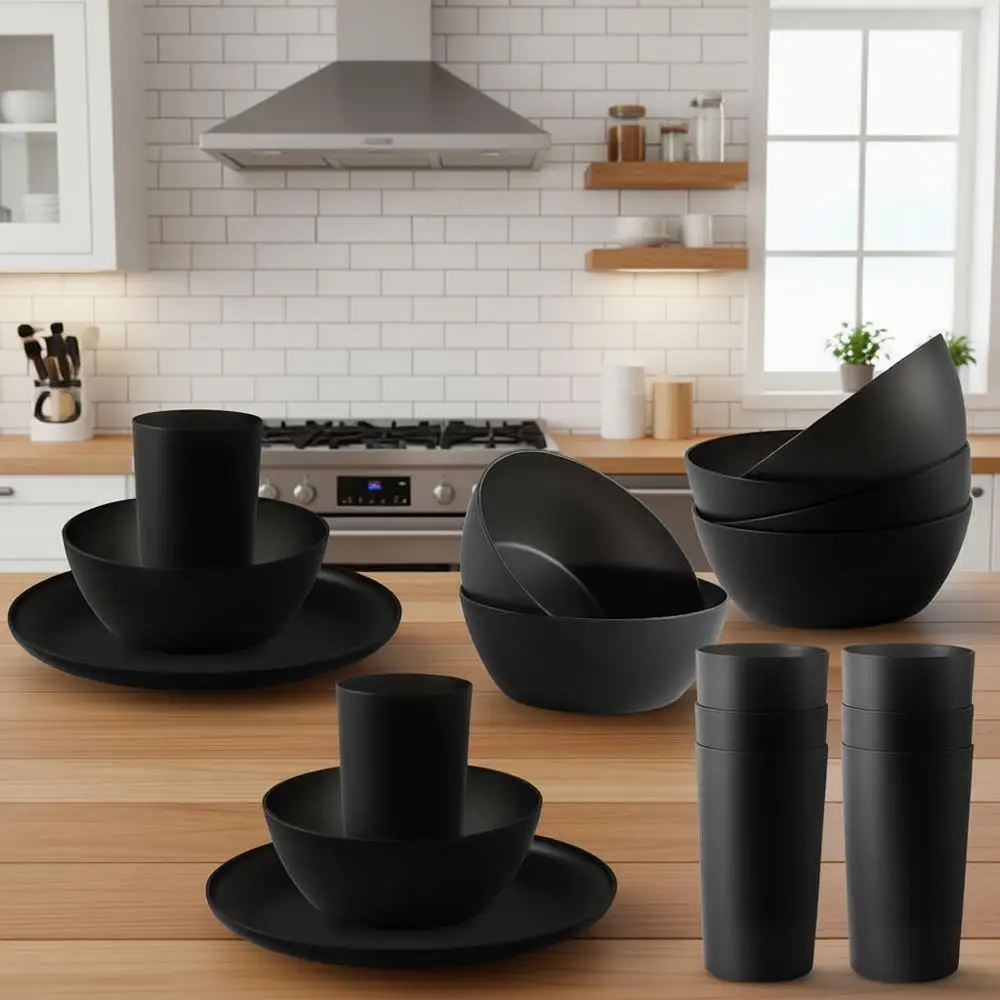 

Набор посуды из 24 предметов: тарелки, миски, небьющийся меламин, многоразовые, можно мыть в посудомоечной машине, без BPA, черный цвет