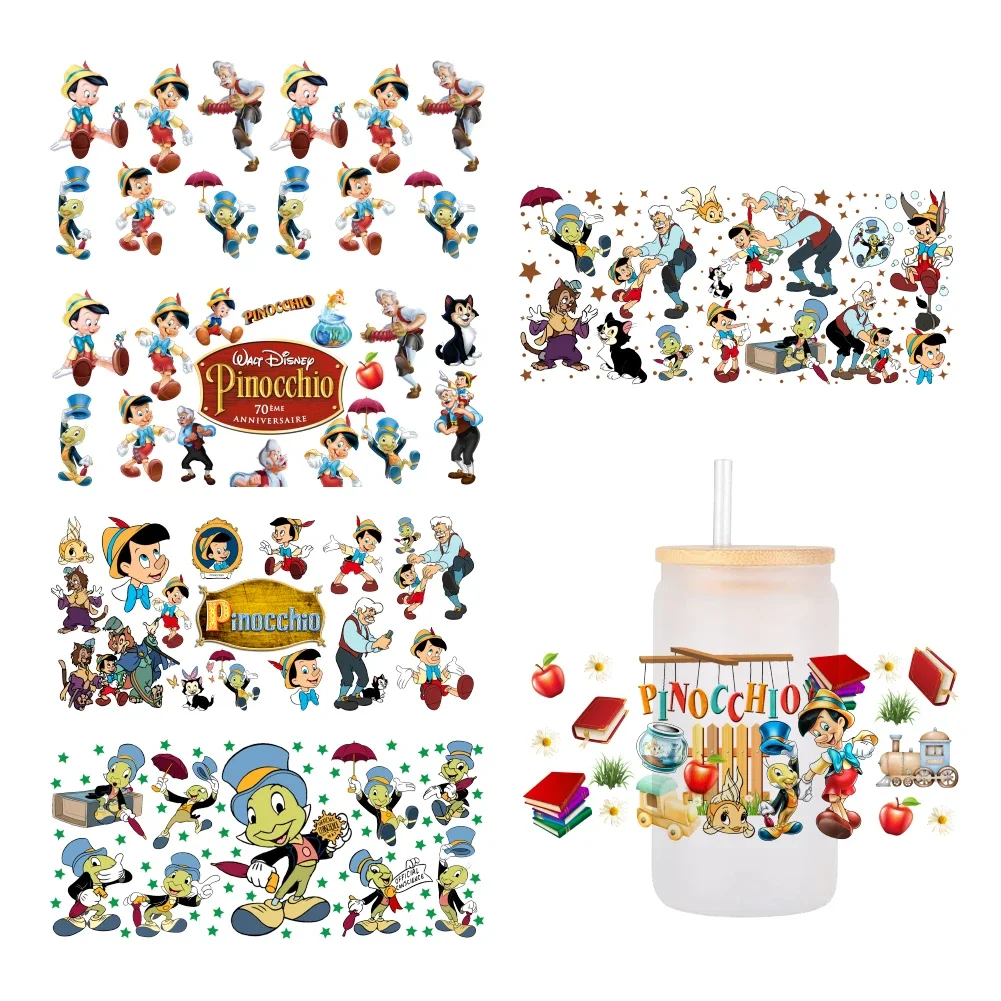 Pinocchio Disney Cartoon für Libbey 16oz Can Glass 3D Wasserdicht UV DTF Kaffeedose Wrap Libbey Glass Wrap