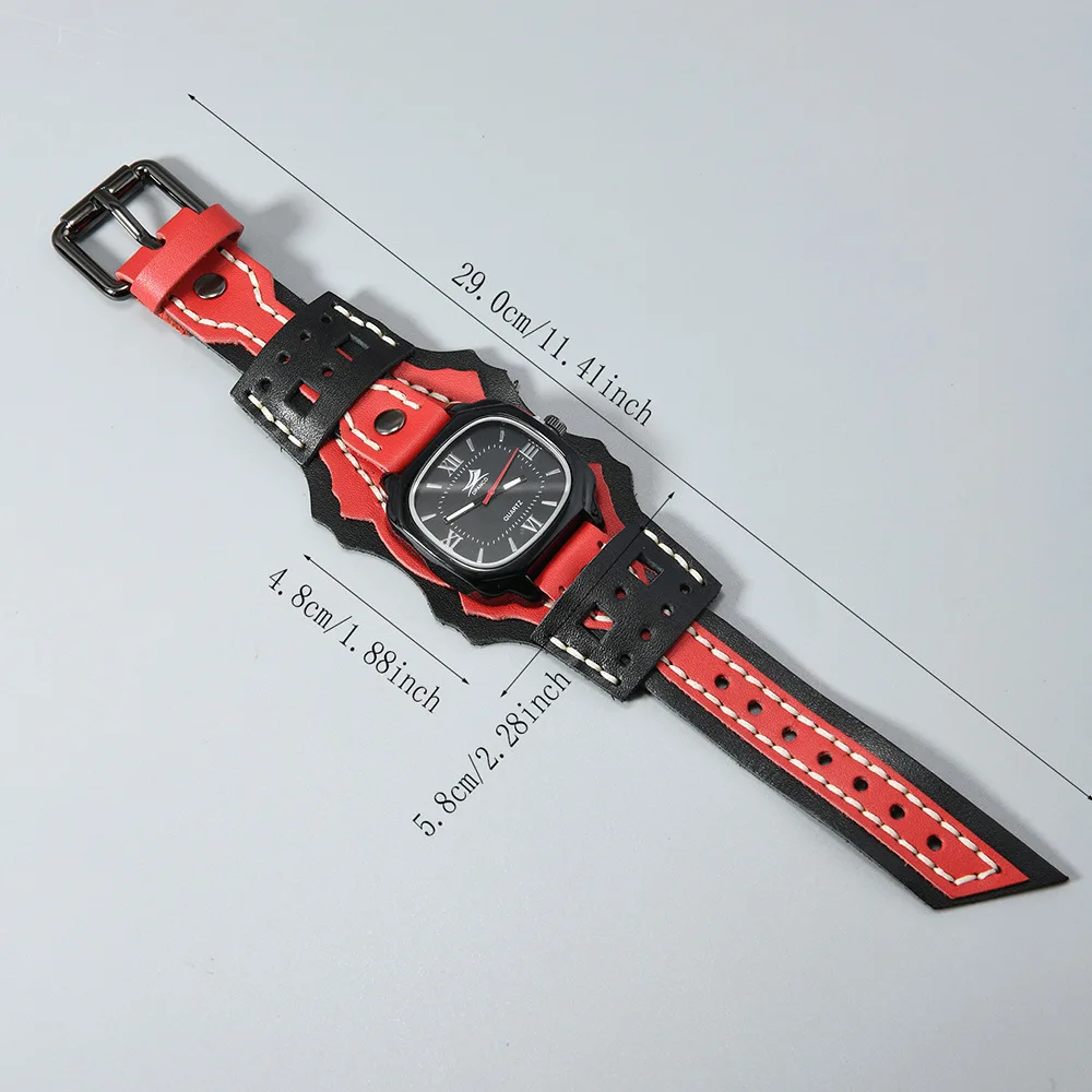 New Watch Men\'s Big Dial Square Clock Punk Sport Handmade Stitching Genuine Leather Strap Quartz Watch Wide Wristband Bangles