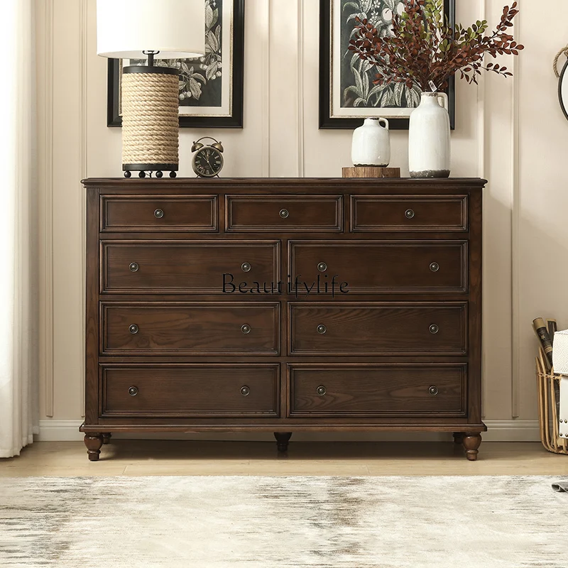 

American country retro black walnut all solid wood multi-drawer living room storage cabinet against the wall