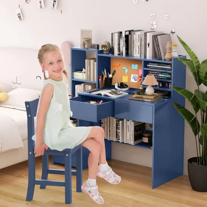 Kids Study Table with Storage ShelfF,Childrens Computer Desk with 4 Drawers,Blue Kids Desk，home.