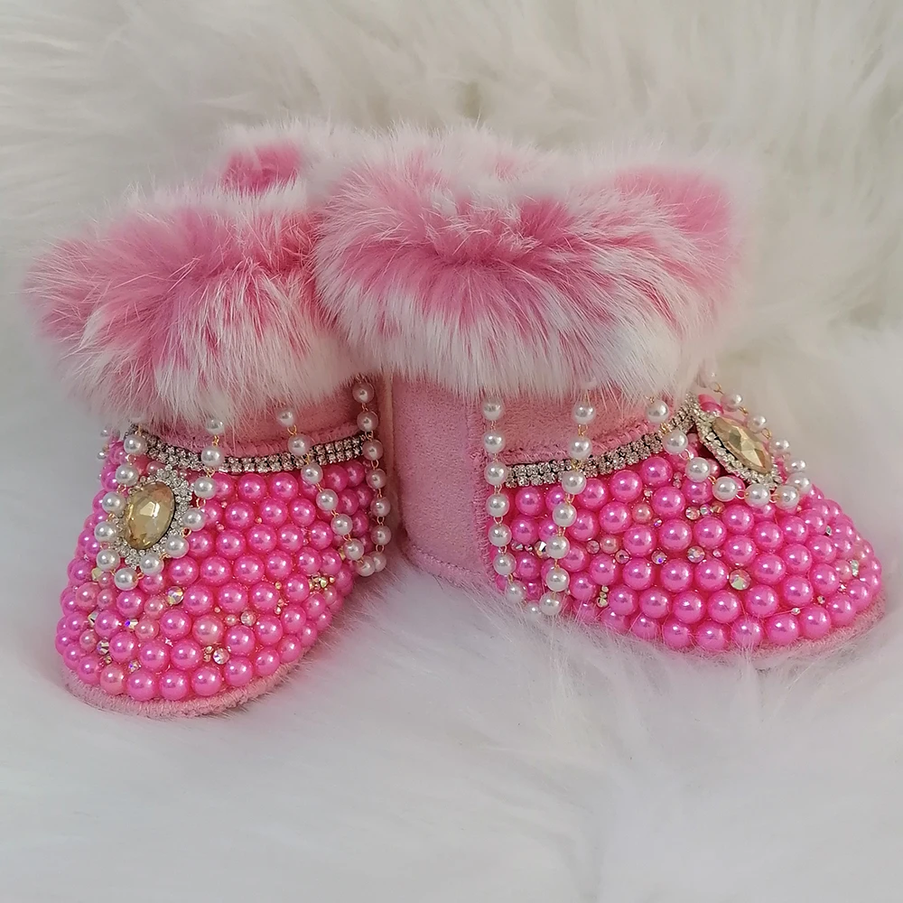 Crystals Pearls Baby Birls Snow Boots Sunglasses Rhinestones Bling Infant Shoes Luxury Shining Decoration Winter Christmas Gift