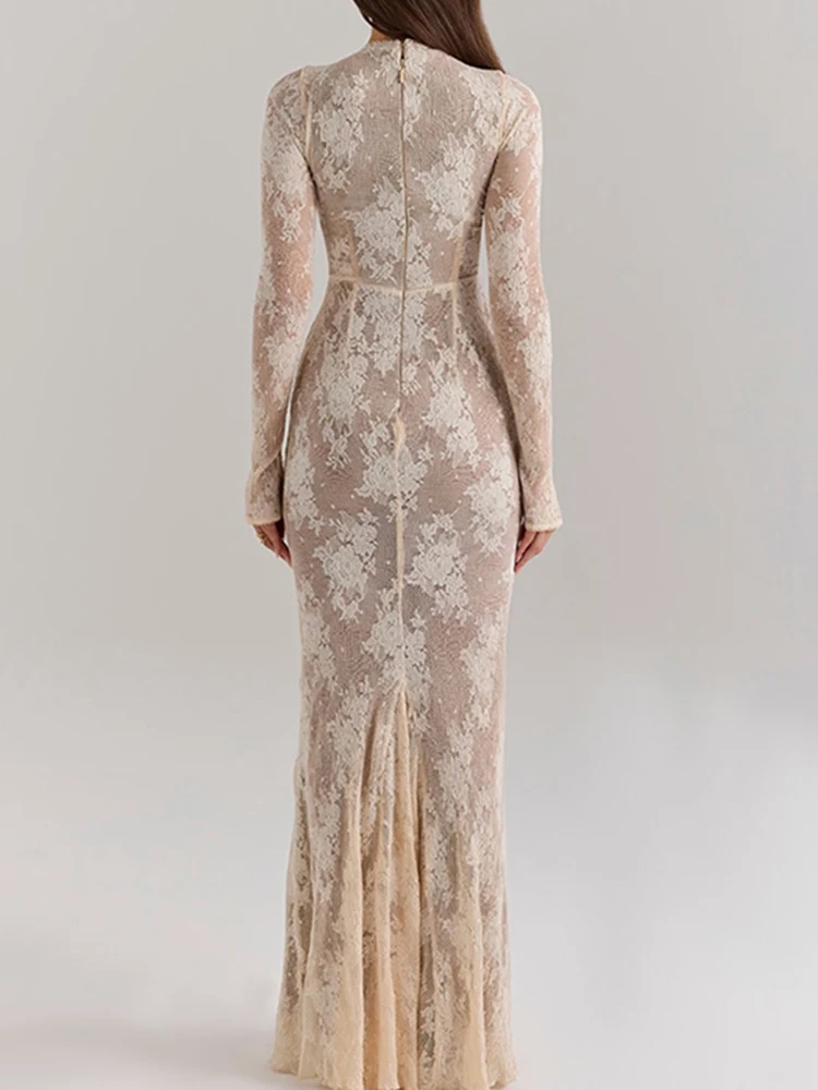 Vestido de estilo francés con estampado calado para mujer, vestido de encaje ajustado de manga larga para banquete, vestido de noche plisado de cintura alta con cuello redondo Sexy