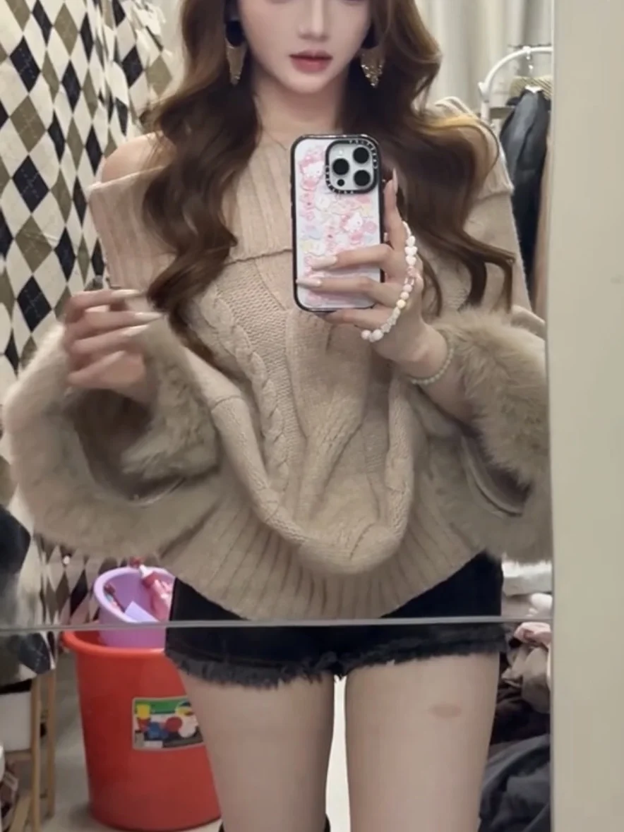 Fufu Style Knitted High Collar One Shoulder Sweater Women's Autumn Winter Casual Loose Fit Soft Knitwear Pure Color Top