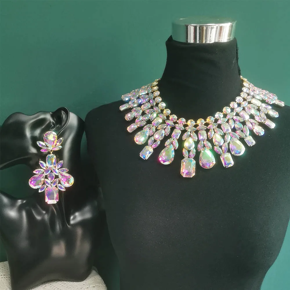 CUIER Super Shiny Glass Necklace& Earring Set Drag queen Big Size Jewelry for Beauty Pageant TV Show Accessories