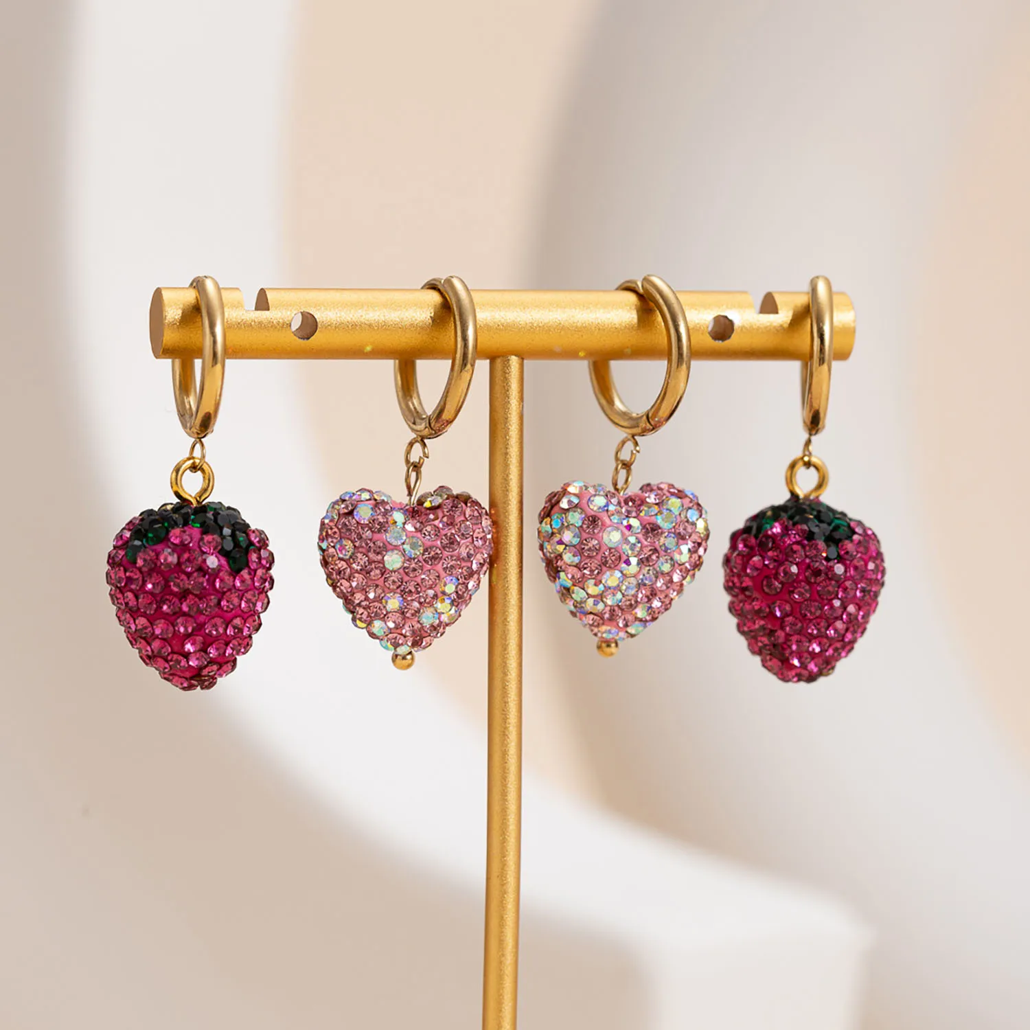 Stainless Steel New Arrival Trendy Pink Purple 18K Gold Plated Clay Heart Pendant Drop Earrings with AB Stone