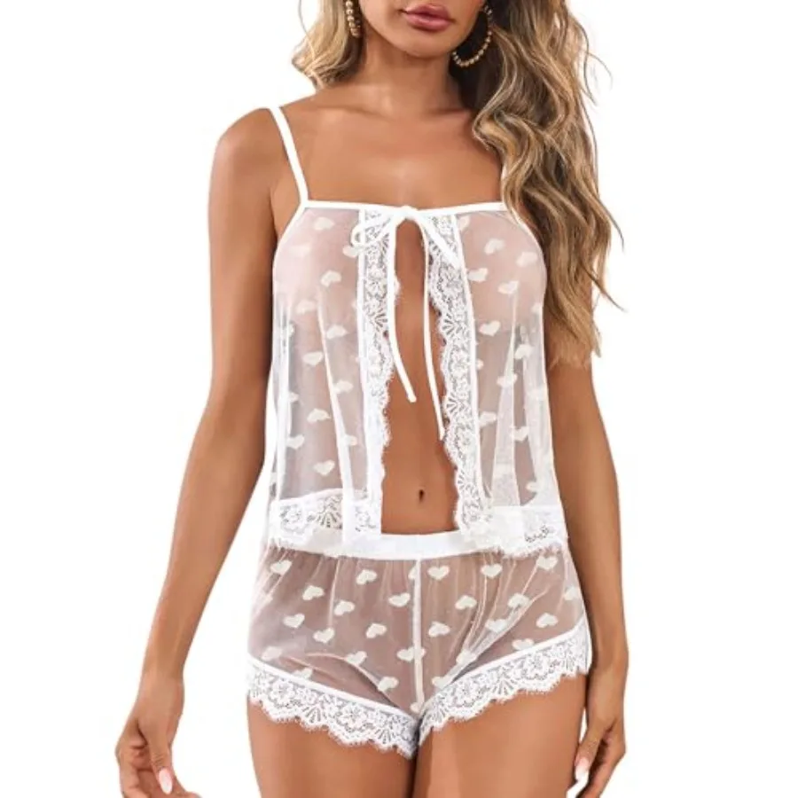 

Sexy Women Lace Pajamas Lingerie Set High Waist Sheer Sleepwear Bow Ties Cami Shorts Set