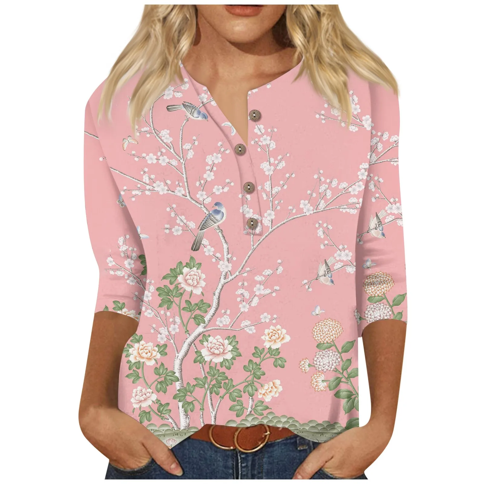 Camiseta floral estampada feminina, botão com decote em v, mangas 3/4, blusa casual diária, camisas femininas de verão, 2024