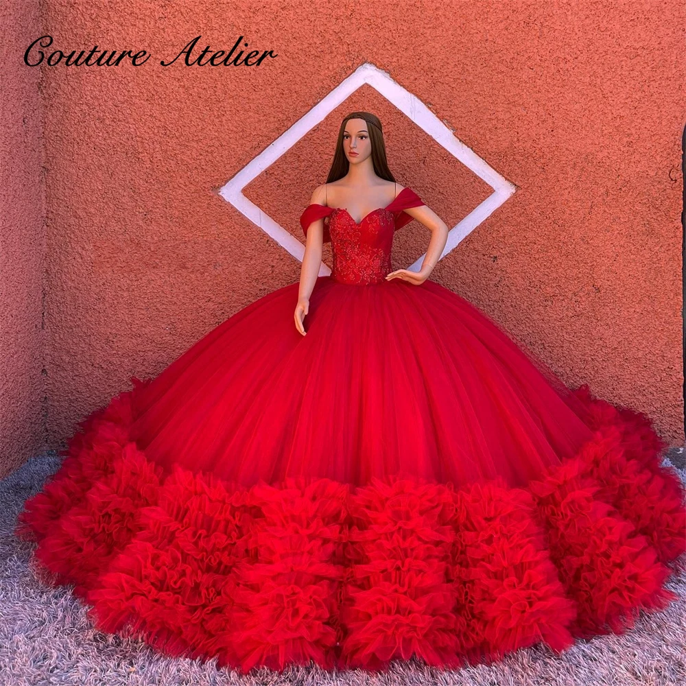 Vestidos de quinceañera fruncidos de tul rojo, vestido de baile sin hombros, vestido de cumpleaños con cordones, dulces 16 vestidos, vestidos de cuentas, 15