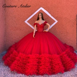 Red Tulle Ruched Quinceanera Dresses Off The Shoulder Ball Gown Birthday Gown Lace-Up Sweet 16 Dresses Beaded vestidos de 15