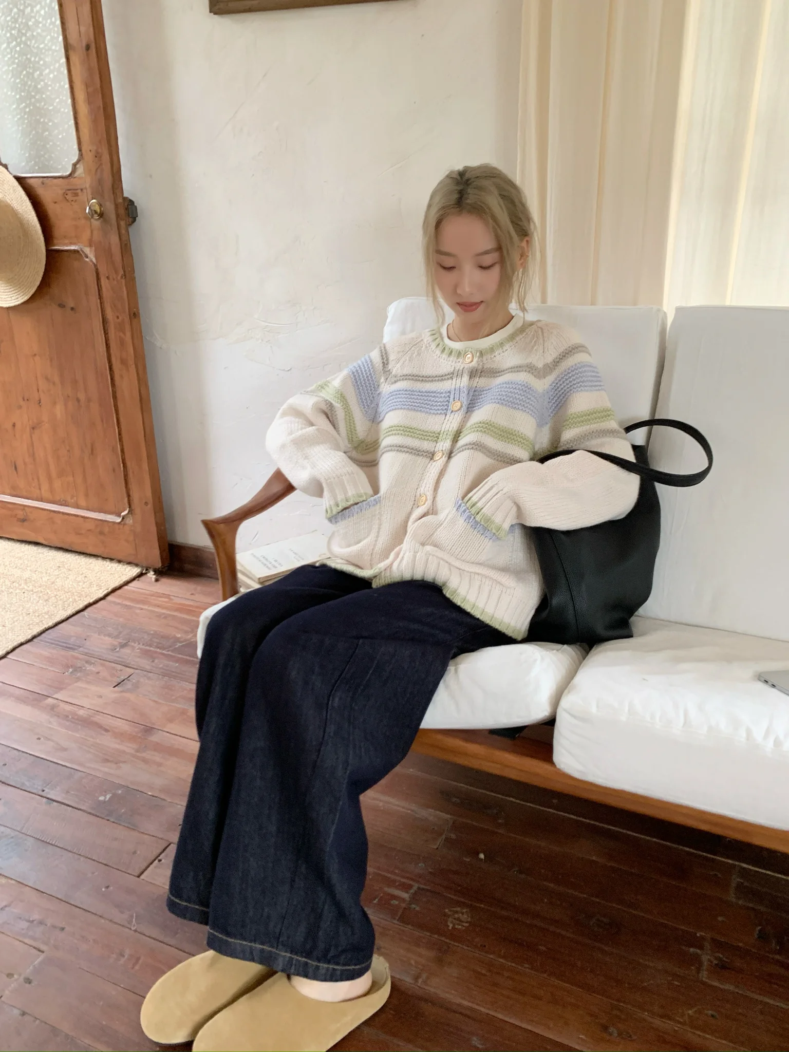 

Вязаный кардиган Fretaro Salted Matcha с длинными рукавами, крупной вязкой, круглым вырезом и полосками для женщин