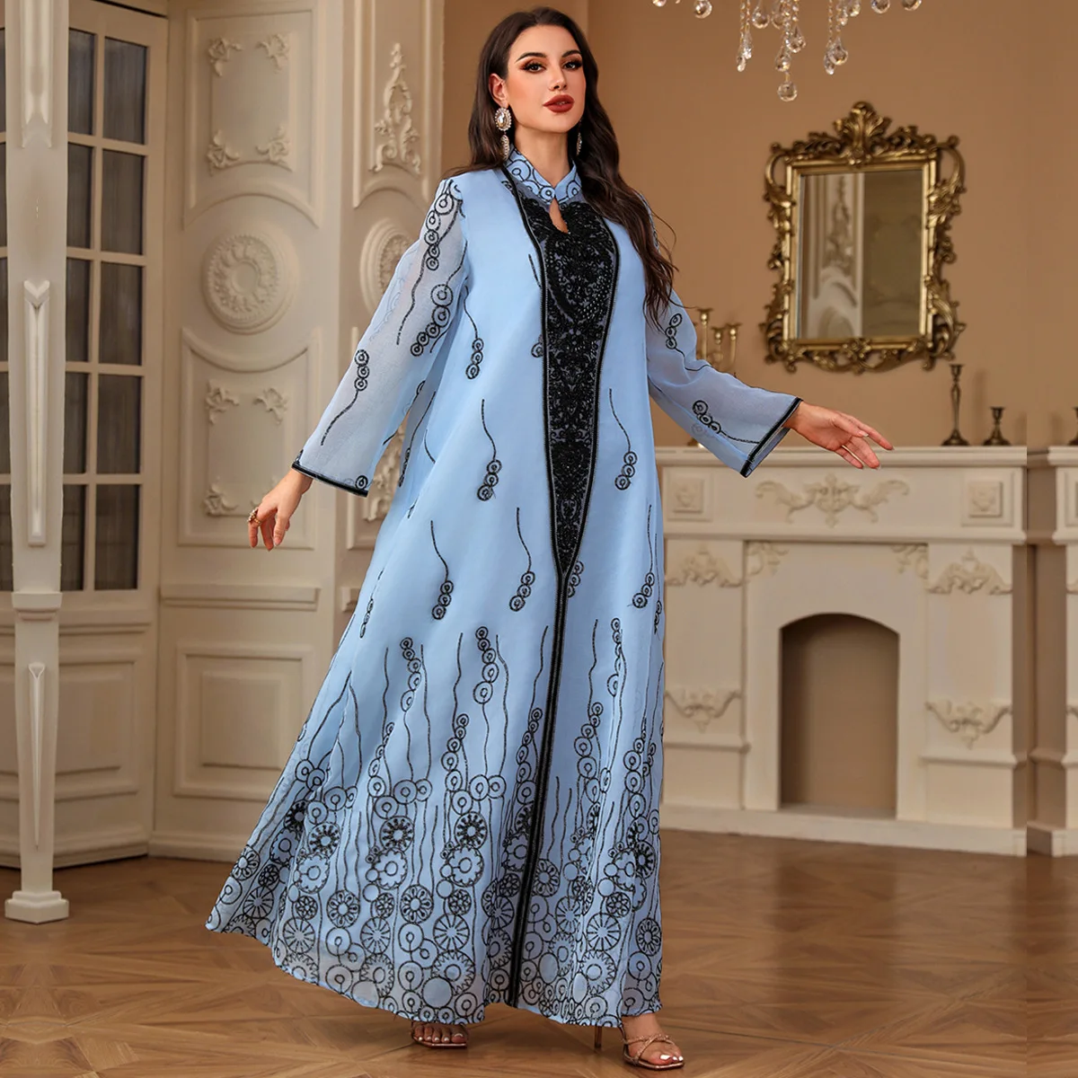 عيد مسلم فاخر المرأة رداء مطرزة التطريز رداء حفلات ريترو ستايل كم طويل فستان ماروكين السيدات فساتين عطلة 2025