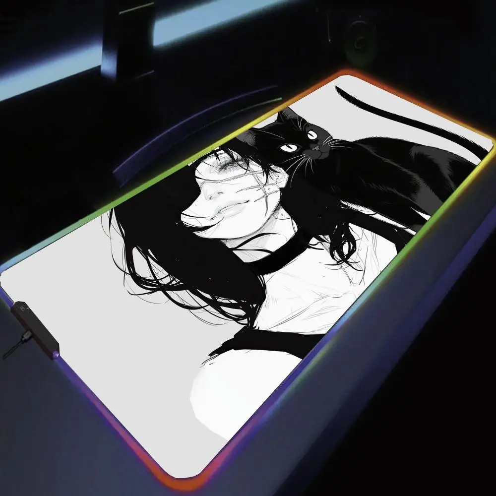

Anime Black White Cat Mouse Pad Large RGB Gaming Mousepads LED Locked Edge Game Accessory Table Pads PC Keyboard Mat XXL 90x40cm