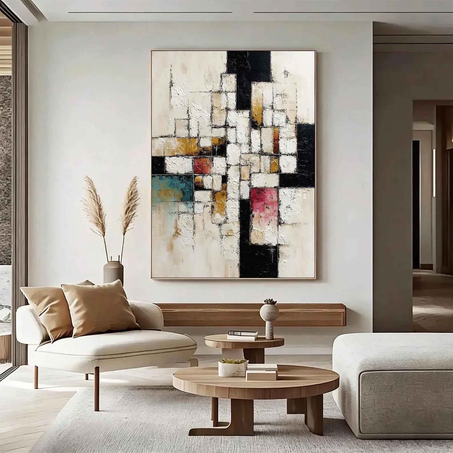 Mhemyo Large Color Block Abstract Hand Painted Oil Painting Geometric Squares Textured Modern Canvas Art Dynamic Home Wall Decor
