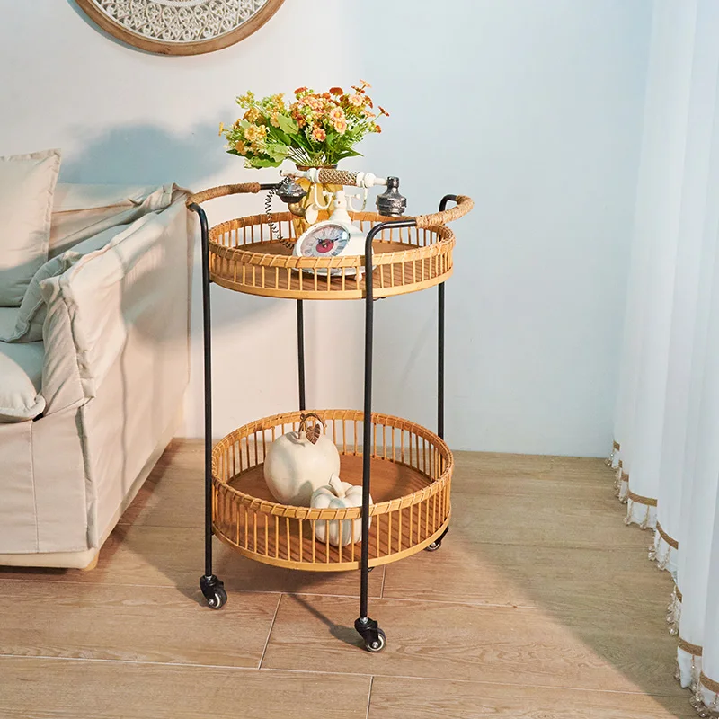 

Rattan Flower Basket Shelf Artistic Bamboo Serving Tray Balcony Side Table with Wheels for Outdoor or Indoor Decor