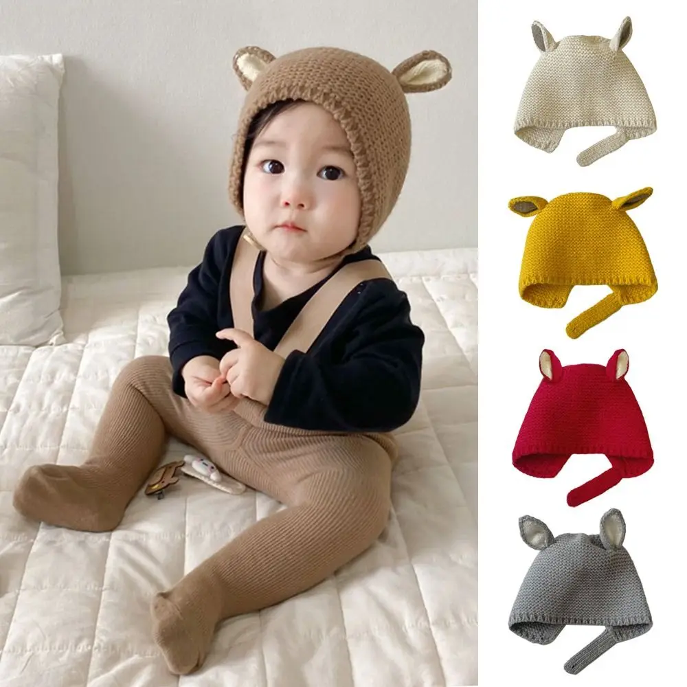 3 Months -2 Years Solid Color Baby Knitted Hat Soft Cute Winter Hat Cartoon Rabbit Ears Children Warm Cap for Boys Girls