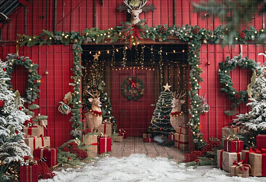 Mehofond Photography Background Winter Christmas Red Barn Door Xmas Tree Kid Family Holiday Portrait Decor Backdrop Photo Studio