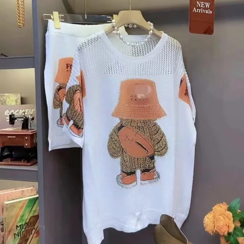 Two Piece Sets Womens Outfits Cartoon Bear Diamonds Hollow Out Loose Tracksuit Casual Knitting Top and Shorts топ женский летний