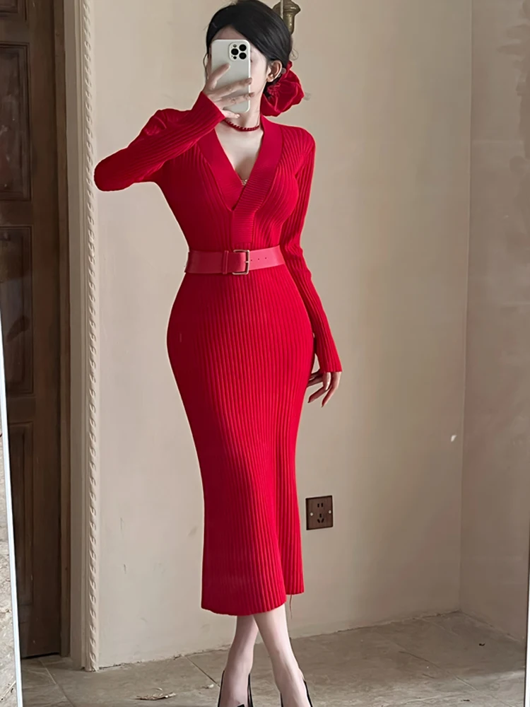 

Модный красный вязаный свитер, облегающее платье для женщин, мягкие эластичные осенне-зимние сексуальные тонкие вечерние платья с v-образным вырезом и поясом
