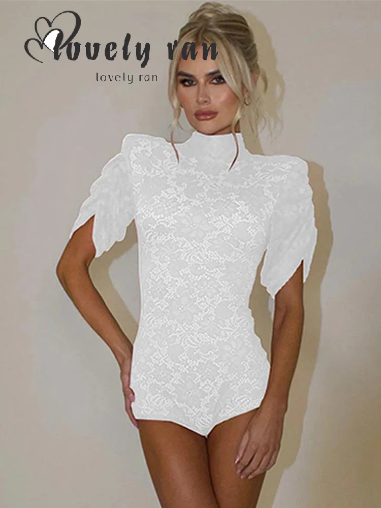 

2025 Spring Print Lace Flower Women Jumpsuit Urban Turtleneck Half Sleeve Bodycon Female Playsuit New Chic Lady Jumpsuits