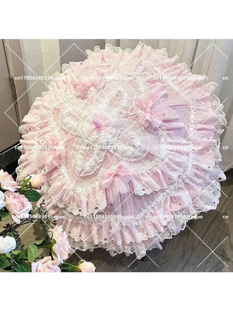 Pink Gothic Lolita Lace Sun Umbrella with Floral Pattern, Elegant UV Protection Umbrella