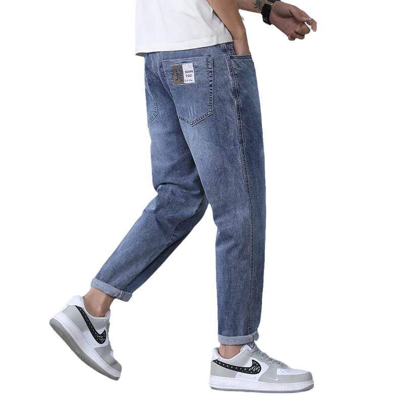 

Loose Fit Jeans Men Light Blue Stretch Wide Leg Pants Harem Fashoin Pockets Patchwork Streetwear Men's Trousers Branded Cowboy