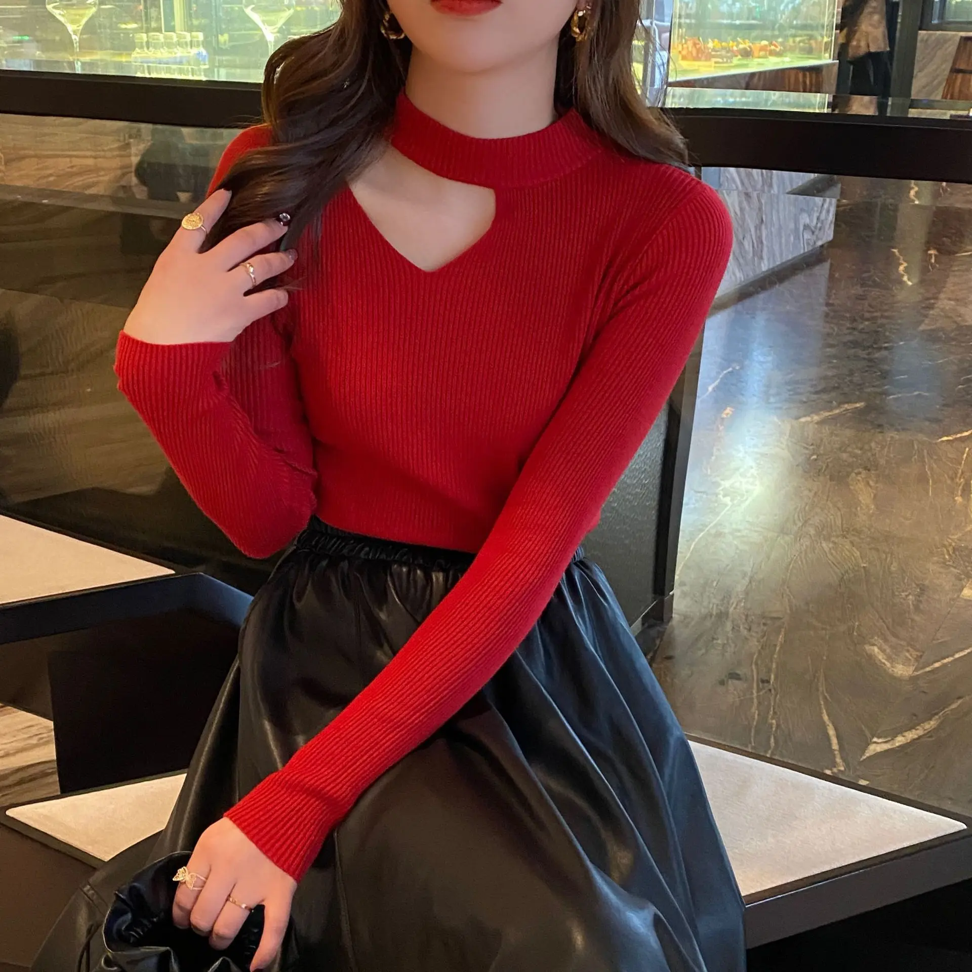 Women Sexy Halter Neck Hollow Out Sweater Solid Full Sleeve Slim Spring Autumn Bottoming Knitted Tops