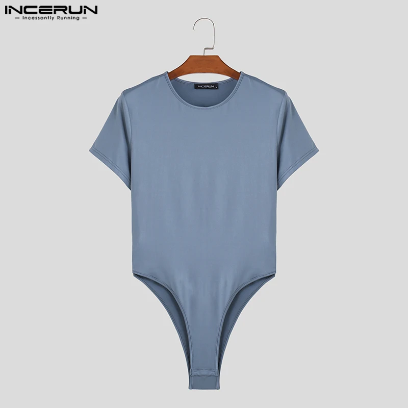 INCERUN 2023 seksowny styl nowe męskie kombinezony z krótkim rękawem solidne wygodne body modne trójkątne kombinezony z okrągłym dekoltem S-5XL