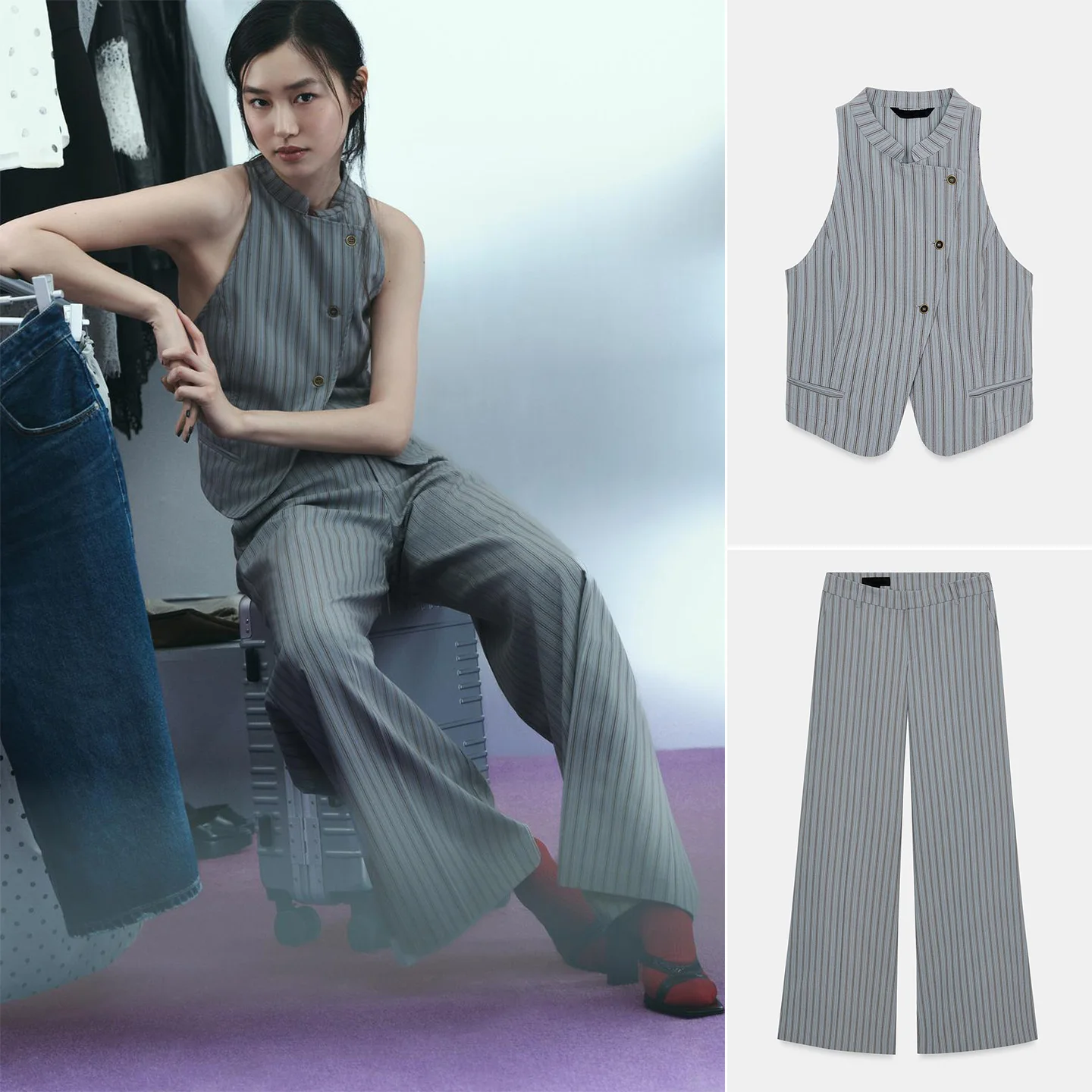 Casual Low Waist Crop Top And Flared Pants Set Short Sleeve round Neck Vest Striped Pattern Spring Fashion Women's Outfit