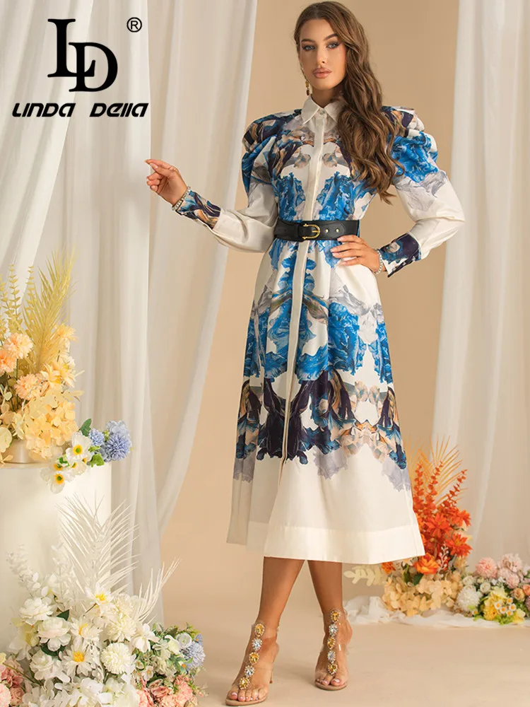 LD LINDA DELLA-vestido informal de otoño para mujer, traje de manga larga con un solo pecho, estampado elegante con cinturón, nuevo estilo