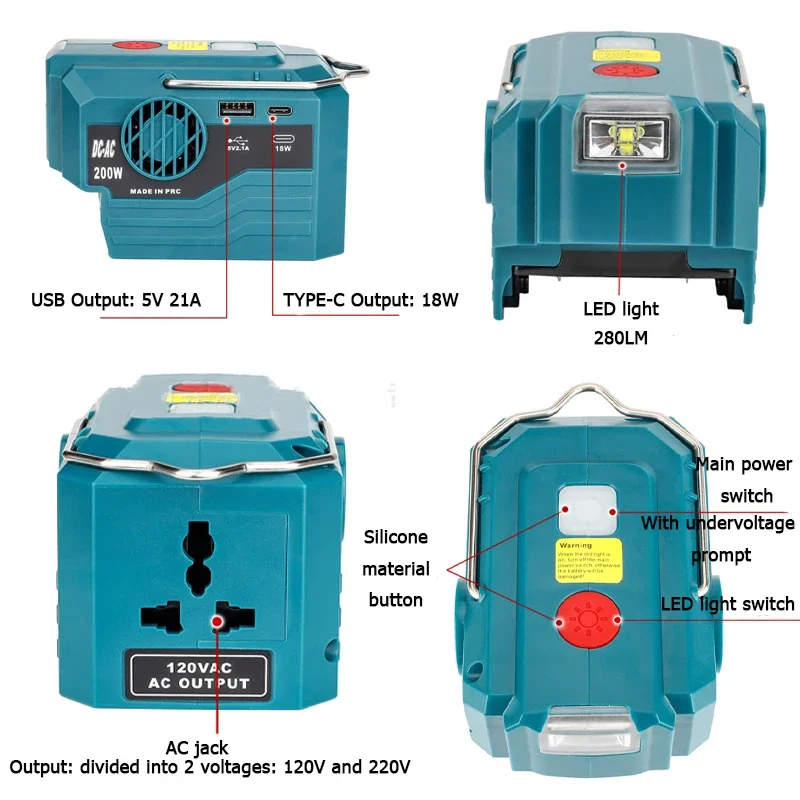 200W Portable Power Inverter Outdoor Mobile For Makita/DeWalt/Milwaukee/Bosch/Ryobi 18V 20V Battery With LED Light AC USB Type-C