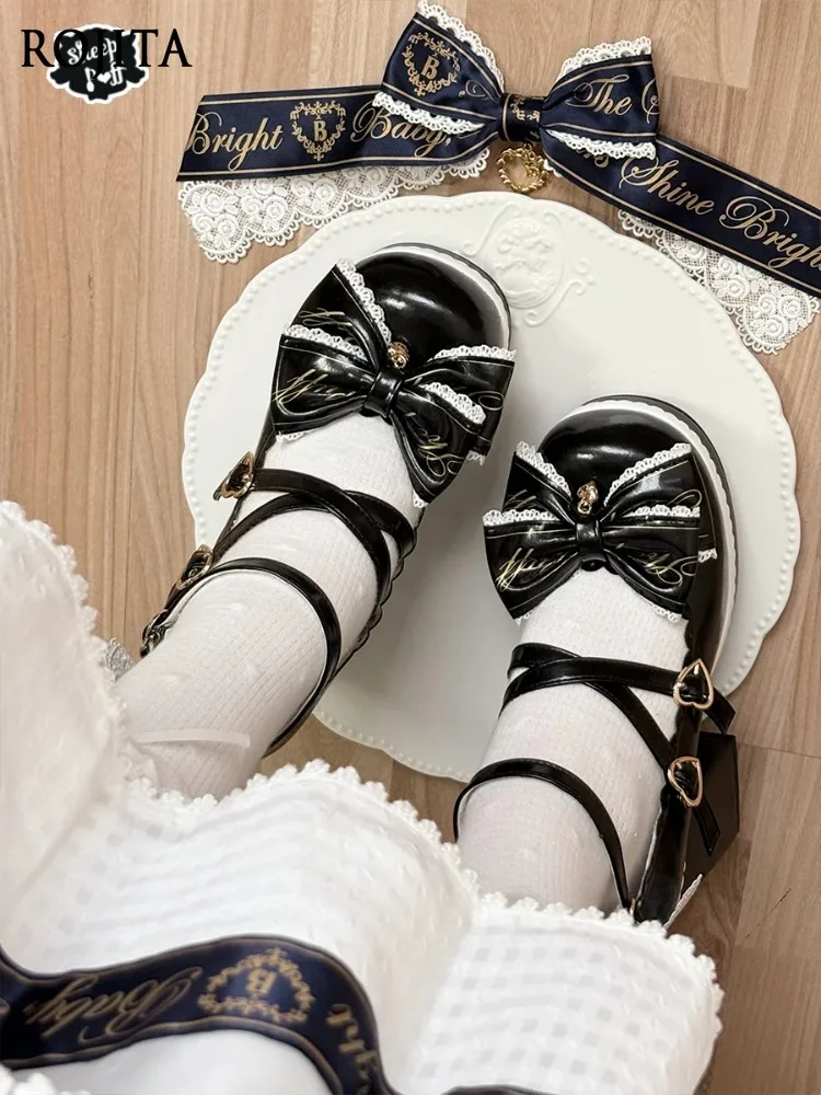 

Lolita Bow High Heel Bow Shoes Clip Single Shoeses Waterproof Platform High Heel Single Shoes Japanese Style Small Leather Shoes
