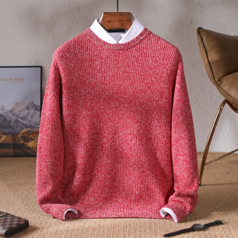 New Autumn Winter Thick Sweater Men\'s Round Neck Knitted Pullover 100% Merino Wool Floral Yarn Large Size Long Sleeved Menswear