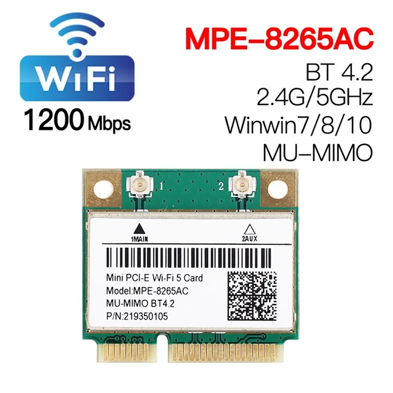 MPE-8265AC 무선 하프 미니 PCI-E 와이파이 카드, 와이파이 5 듀얼 밴드 802.11AC 2.4Ghz 5Ghz 1200Mbps WLAN 네트워크 카드