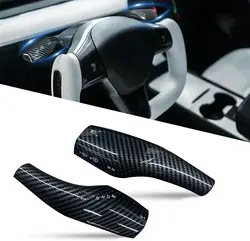 2pcs Carbon Fiber Steering Wheel Column Cover for Tesla Model 3 Model Y Car Shift Paddle Decorative Cover Gear Lever Accessories