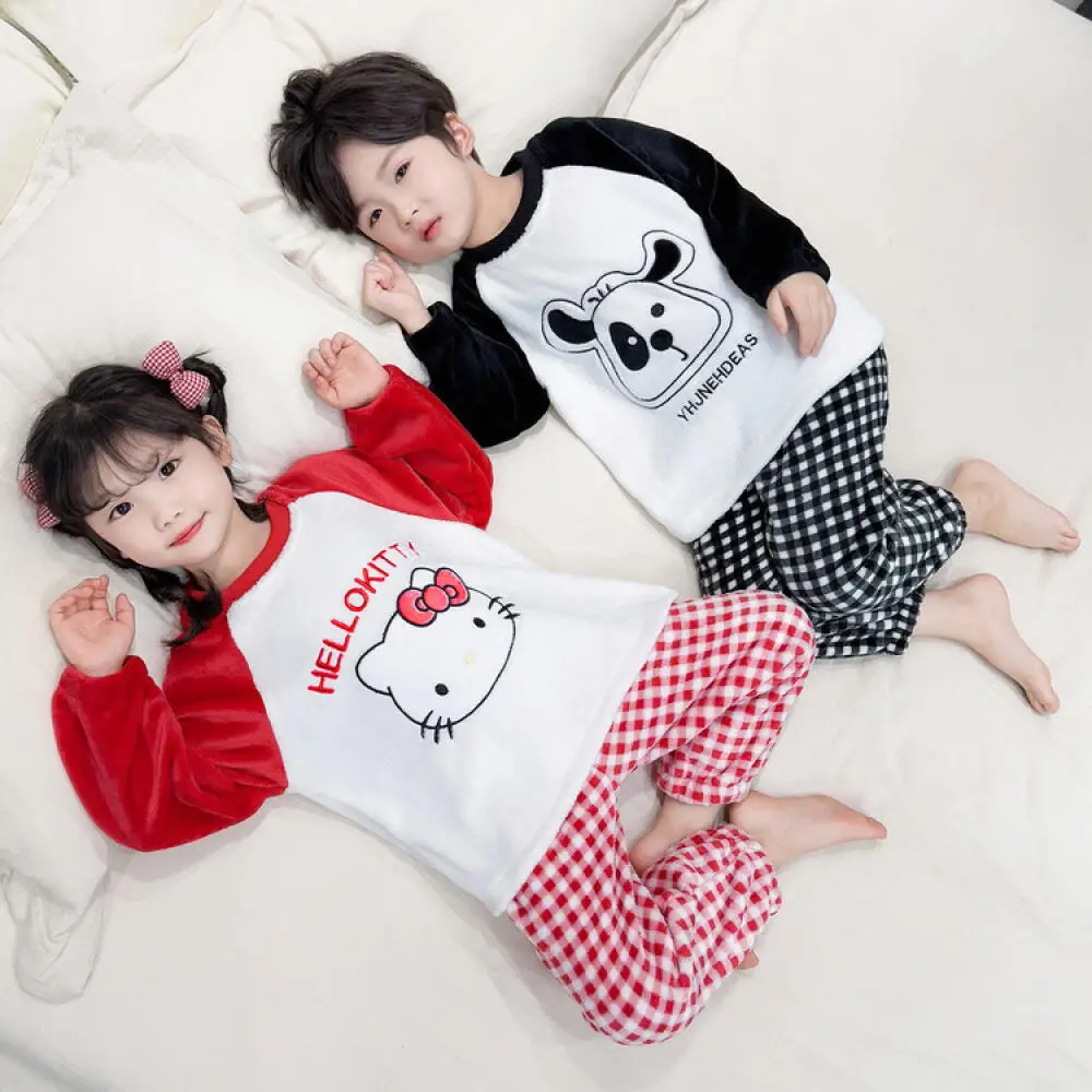 

Sanrio Hello Kitty Autumn Winter Children's Coral Velvet Pajamas Thickened Autumn Flannel Boys Home Clothing Girls Baby Sets