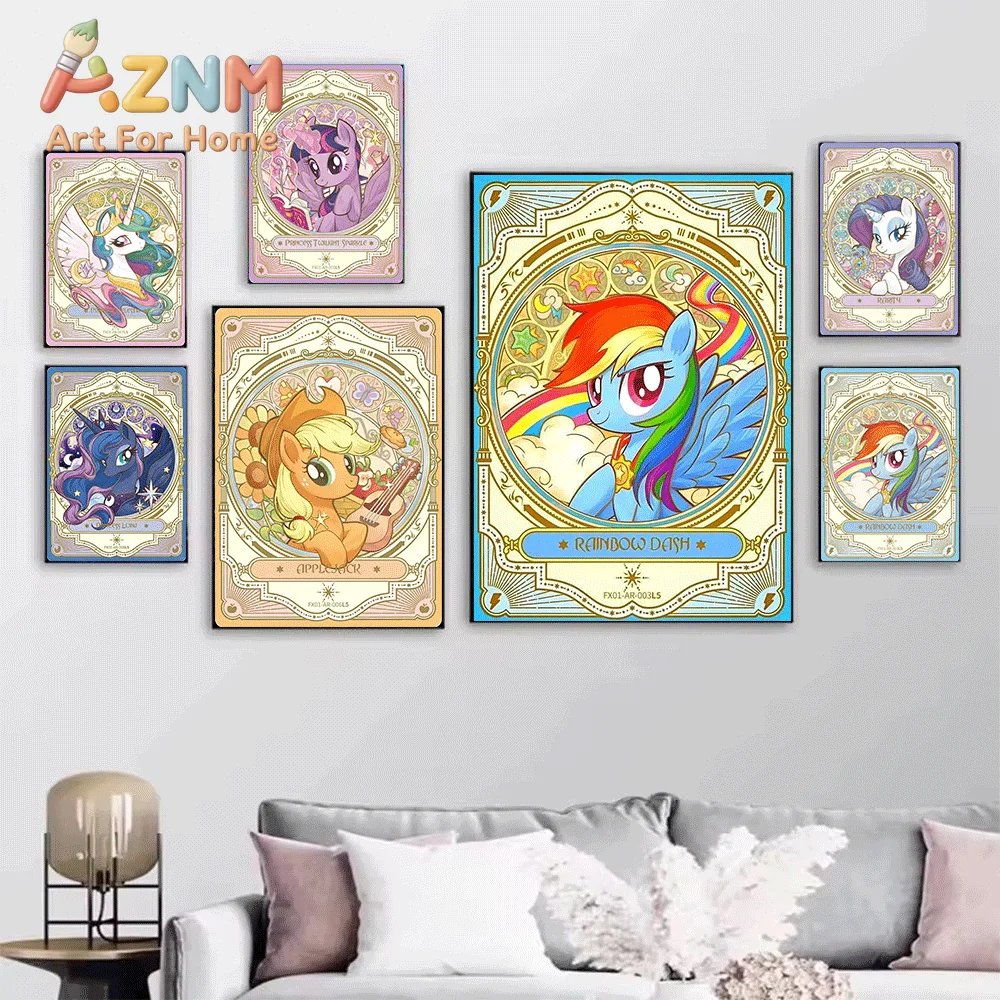AZNM My Little Pony Tarot Card Style Canvas Painting, Frameless Canvas Wall Art, Cartoon Character Wall Painting for Bedroom L