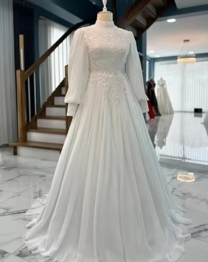 Abiti da sposa principessa saudita musulmana con paillettes lucide 2025 Applique manica lunga arabo Dubai abito da sposa indumento personalizzato