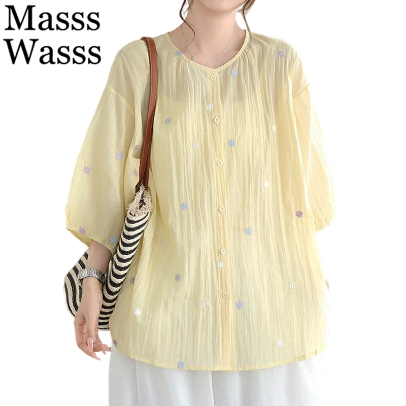 

Masss Wasss 2026 Japanese Design Floral Shirts Females Fashion Leisure Cotton Linen Tops Womens Summer Classic Elegant Clothes