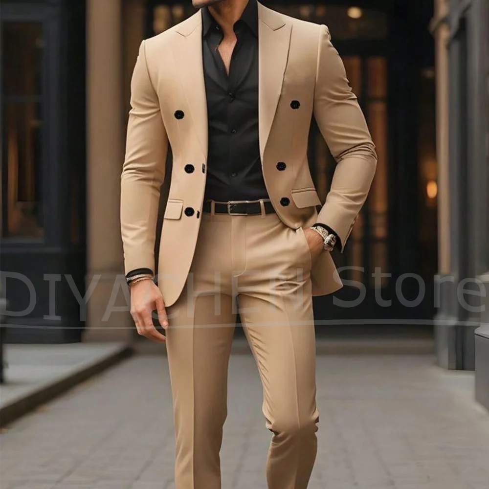 

Хаки Мужские костюмы Модный двубортный мужской костюм с остроконечными лацканами Тонкий шикарный однотонный умный повседневный офисная официальная одежда из 2 предметов