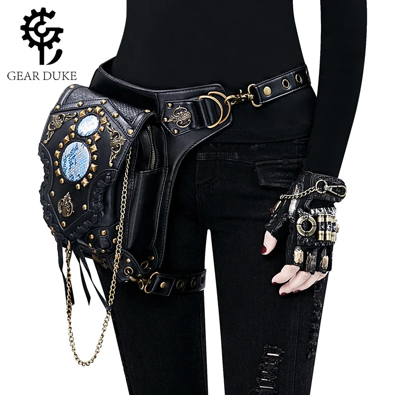 Gear Duke Punk Rock Rivet Chain Metal Bag Multiple Wearing Single Shoulder Waist Messenger Backpack Motorcycle Riding Equipment