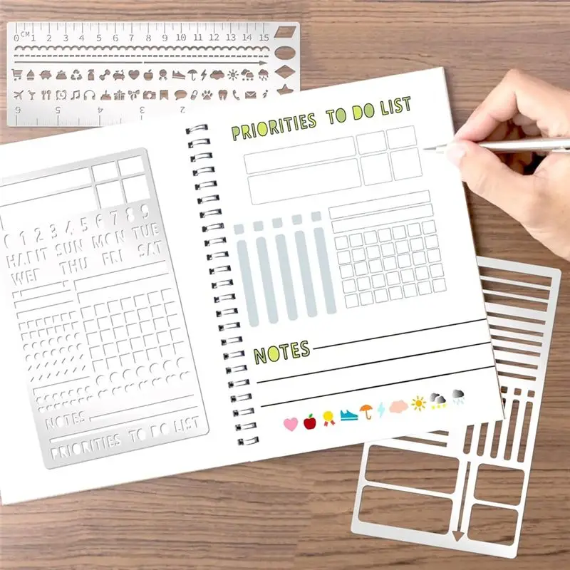 2025 الاتجاه النقش مخطط معدني مجلة استنسل رسالة صغيرة الإستنسل 4 قطعة مجموعة للمجلات والإشارات المرجعية والمساطرين والمخططين #3