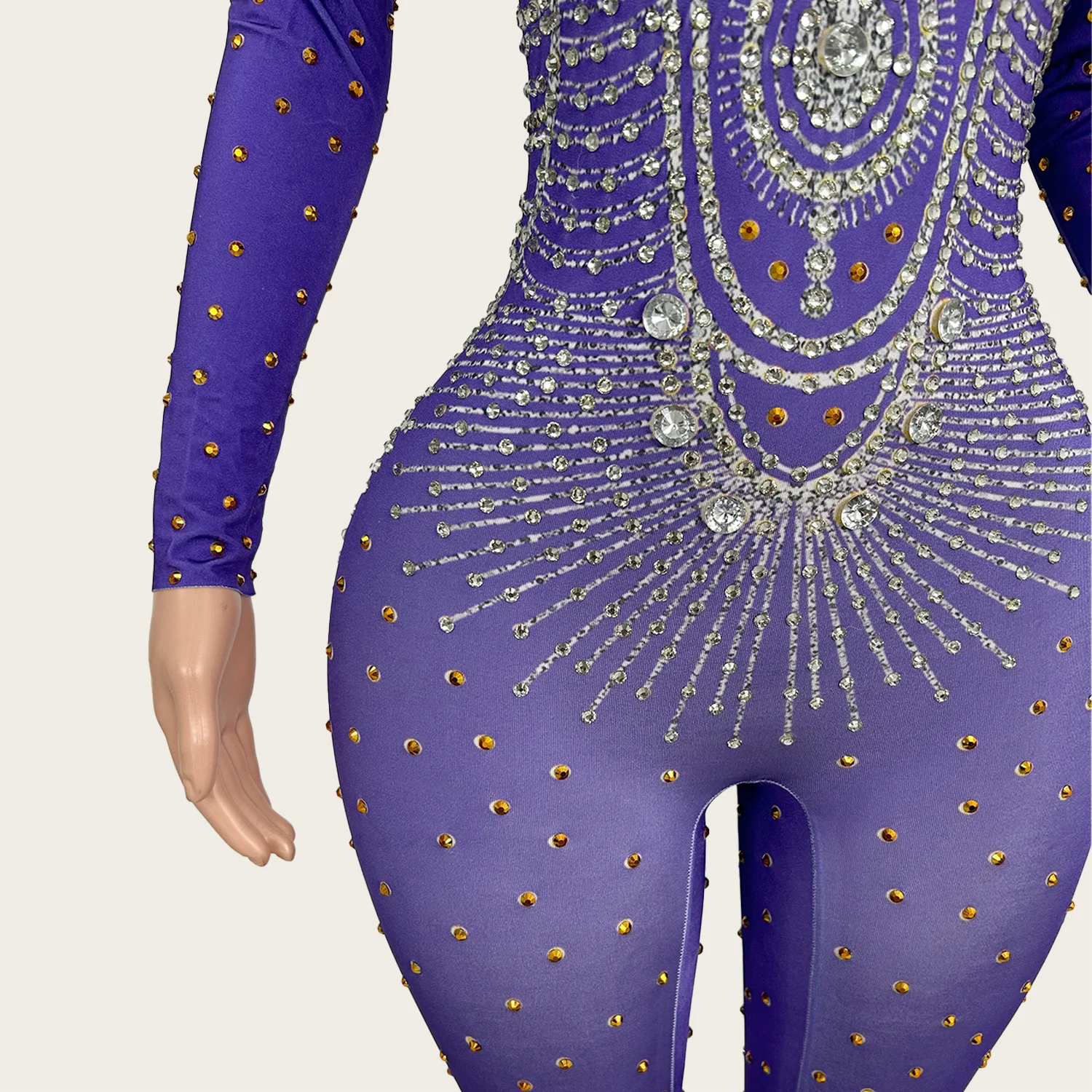 Tuta aderente viola Drag Queen Performer Wear Strass Spandex Elastico Maniche lunghe Tuta Club Party Outfit Zijin