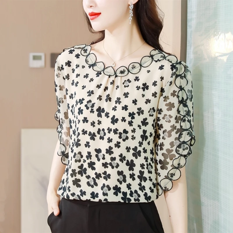 Women Petal Flying Sleeve Chiffon Shirt 2023 Summer Pullovers Blouse New Fashion Casual Loose Flower Printed Tops