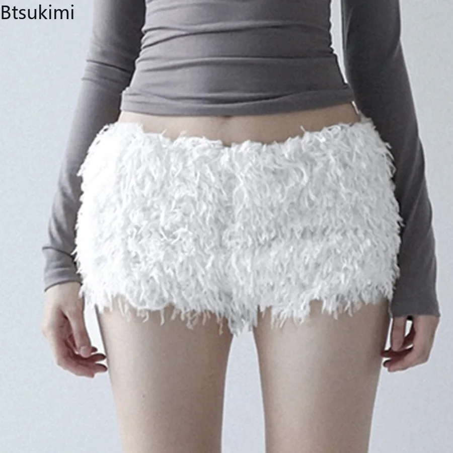 

New Women's Knitted Furry White Casual Shorts Faux Fur Low Waist Y2K Skinny Pants Streetwear All Matching Bottoms Party Clubwear